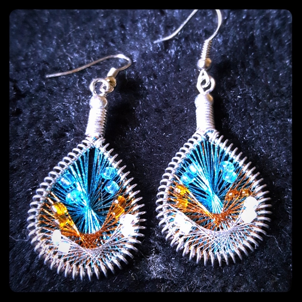 Hand woven beaded tear drop earrings
